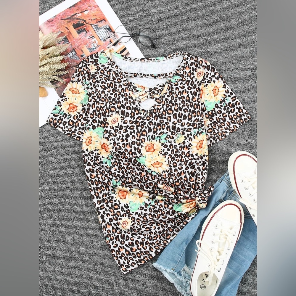 Leopard Sunflower Hollow Cut Out Crisscross Tee